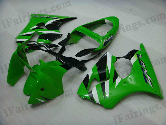 Replacement fairings for Kawasaki Ninja ZX6R 2000 2001 2002 green and black. - Click Image to Close