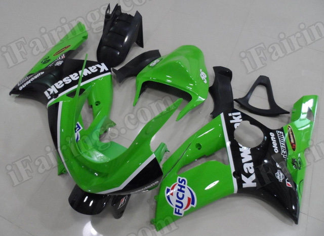OEM replacement fairing sets for Kawasaki ZX6R Ninja 2003 2004 green and black fairing kits. - Click Image to Close