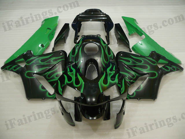 2003 2004 CBR600RR black and green flame fairing kits. - Click Image to Close