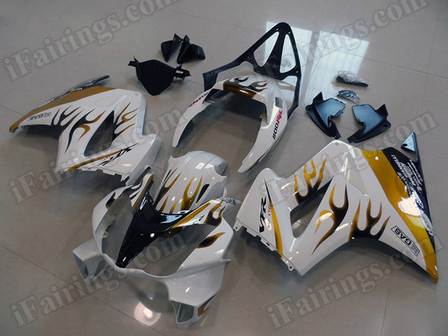 Motorcycle fairings/bodywork for Honda VFR800 2002 to 2012 white with gold flame. - Click Image to Close