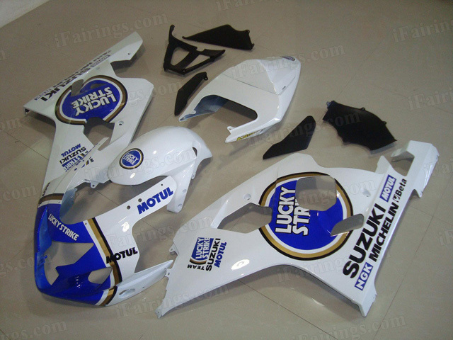 2004 2005 Suzuki GSXR600, GSXR750 white/blue lucky strike fairing kits. - Click Image to Close