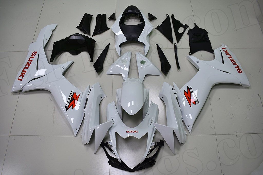 2011 to 2018 Suzuki GSX-R600/750 pearl white fairings with red stickers.