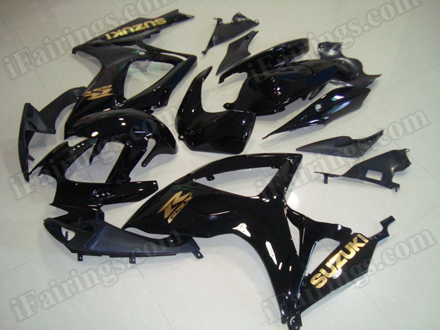 Motorcycle fairings/bodywork for 2006 2007 Suzuki GSX R 600/750 black with gold stickers. - Click Image to Close
