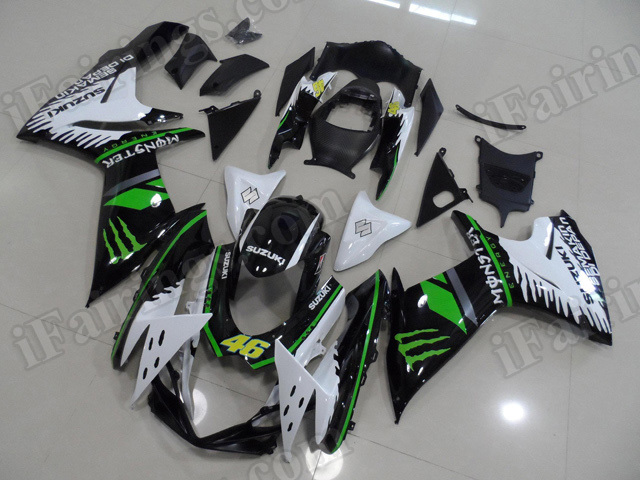 Motorcycle fairings for 2011 2012 2013 2014 Suzuki GSX R 600/750 white, black with green stripes. - Click Image to Close