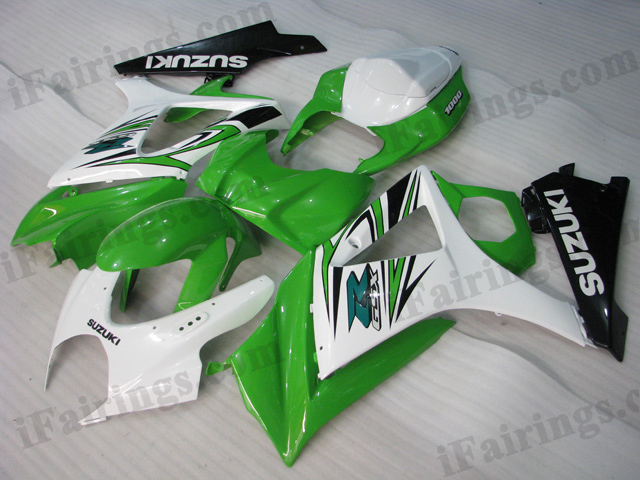 2007 2008 Suzuki GSXR1000 white, green and black fairing kits.