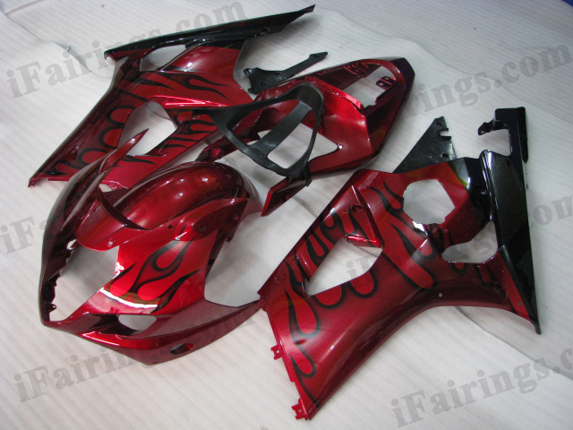 GSXR1000 2003 2004 red and black flame fairings, 2003 2004 GSXR1000 graphics.