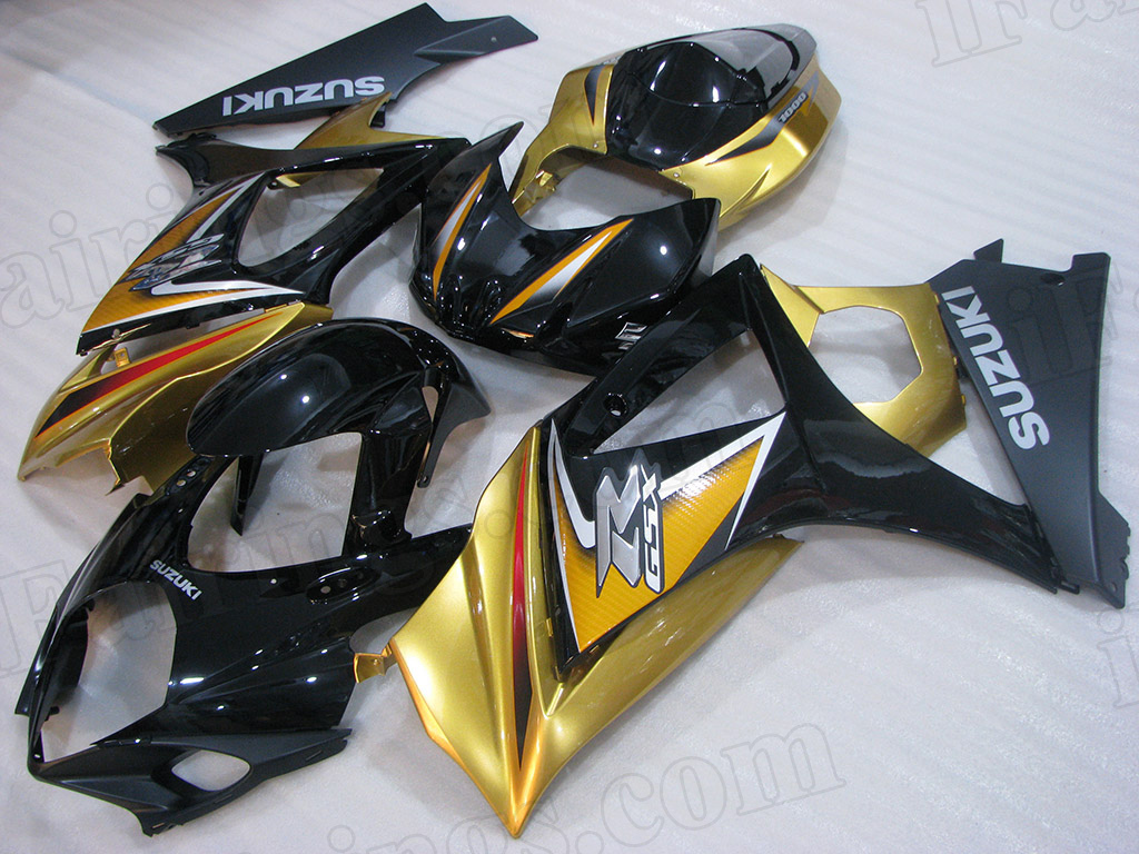 Motorcycle fairings for 2007 2008 Suzuki GSXR1000 gold/black scheme.