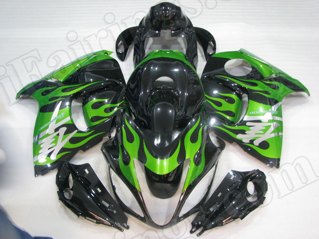 Motorcycle fairings for 2008 to 2017 Suzuki Hayabusa GSXR 1300 black and green ghost flame.