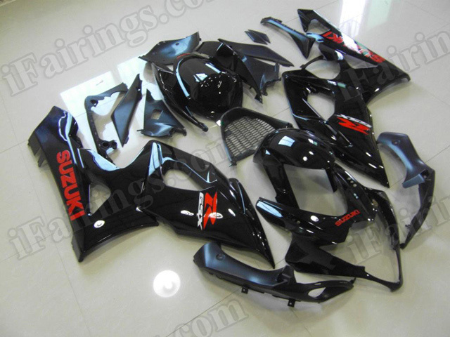 Motorcycle fairings/body kits for 2005 2006 Suzuki GSXR 1000 glossy black with red stickers.