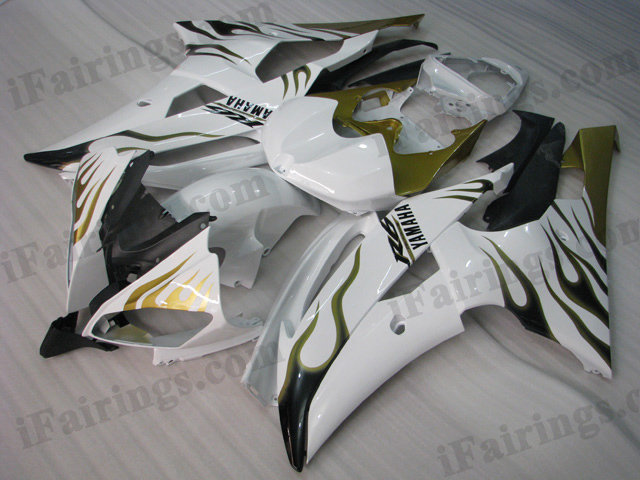 2008 to 2015 Yamaha YZF-R6 white and gold flame fairing kits.