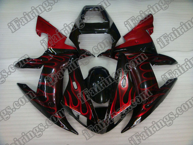 Custom fairings and body kits for 2002 2003 YZF R1 red flame scheme.