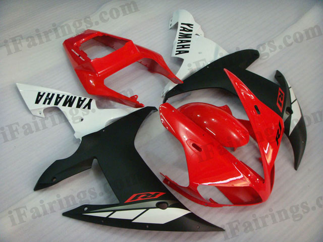 Custom fairings for 2002 2003 YZF R1 red/white/black graphics.