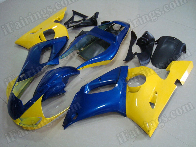 Motorcycle fairings/body kits for 1999 to 2002 Yamaha YZF R6 blue and yellow.