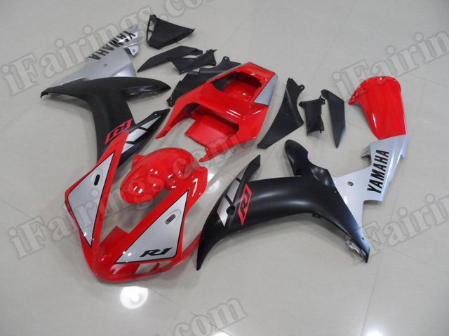 Motorcycle fairings/body kits for 2002 2003 Yamaha YZF R1 red, silver and black.