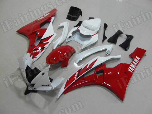 Motorcycle fairings/body kits for 2006 2007 Yamaha YZF R6 red and white scheme.