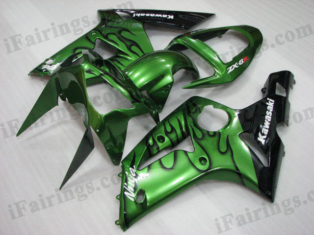 2003 2004 Kawasaki ZX6R Ninja green and black flame fairing kits.