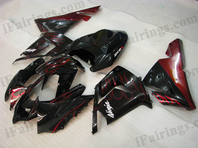 2004 2005 Kawasaki ZX10R black and red flame fairing kits.