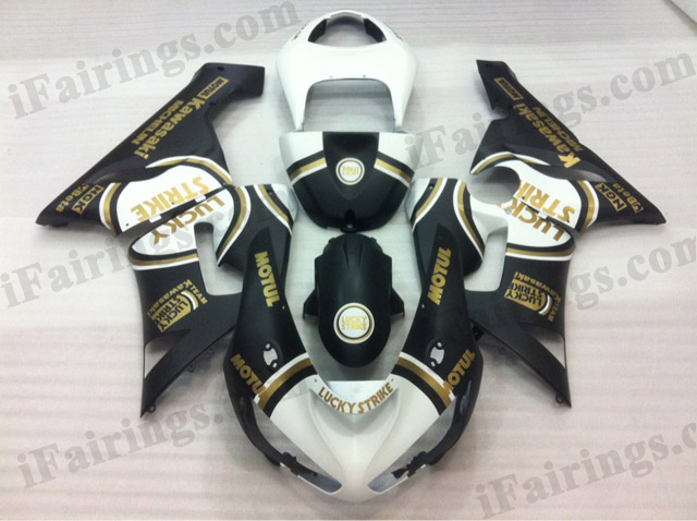 2005 2006 Kawasaki ZX6R Ninja white and black Lucky Strike fairing kits.