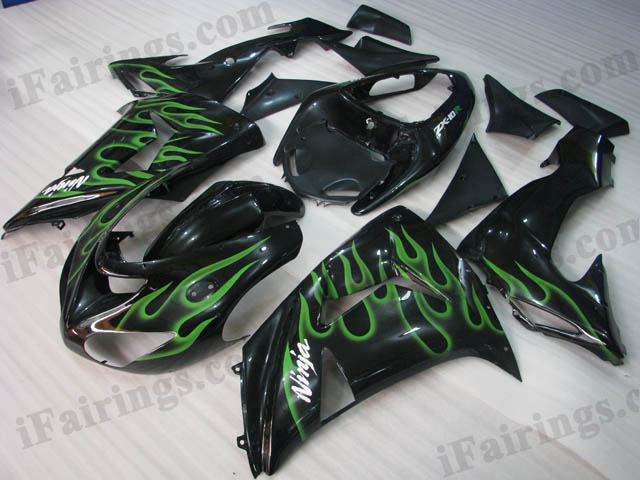 2006 2007 Kawasaki ZX10R black and green flame fairing kits.