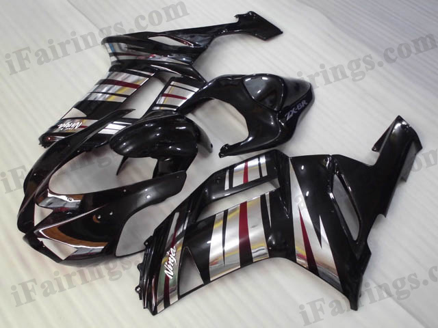 2007 2008 Kawasaki ZX6R Ninja black and silver strips fairing kits.