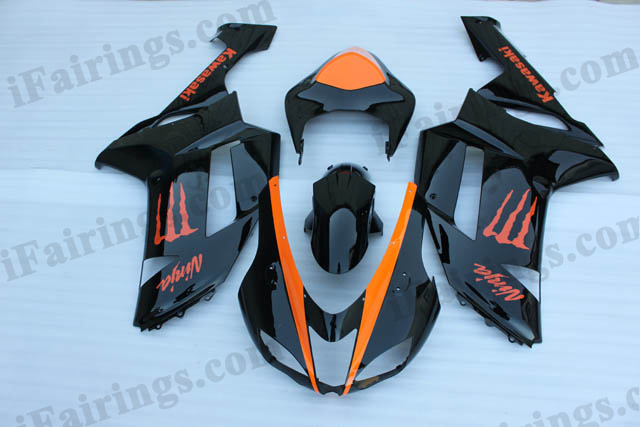 2007 2008 Kawasaki ZX6R Ninja black with orange monster logo fairing kits.