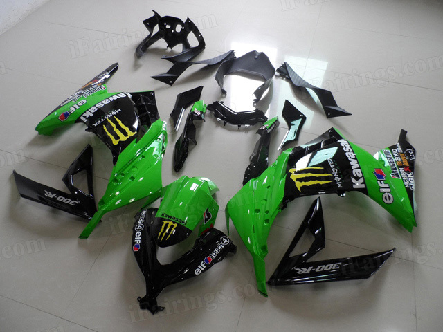 2013 2014 2015 Kawasaki Ninja 300 green and black monster fairings.