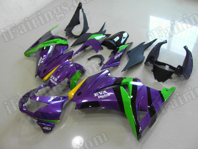 Custom fairing sets for Kawasaki Ninja 250R EX250 2008 to 2012 purple and green.