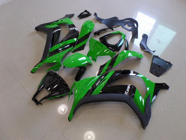 Motorcycle fairings for 2011 to 2015 Kawasaki Ninja ZX10R green and black scheme.