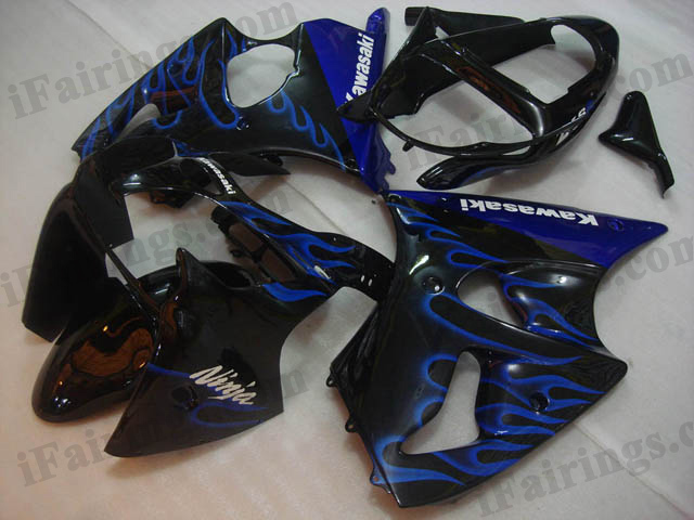 Motorcycle fairings for Kawasaki Ninja ZX6R 2000 2001 2002 black with blue flame. - Click Image to Close