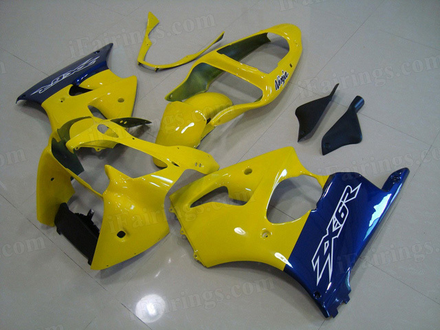 Motorcycle fairings for Kawasaki Ninja ZX6R 2000 2001 2002 yellow and blue scheme.