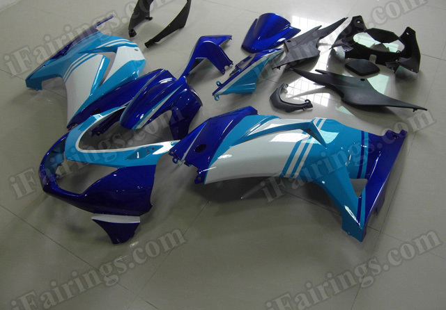Motorcycle fairings/bodywork for Kawasaki Ninja 250R EX250 2008 to 2012 blue, light blue and white.