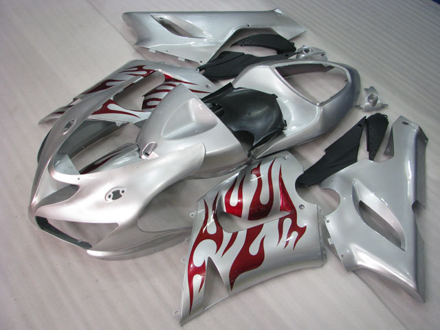 ZX6R 636 2005 2006 silver and red flame fairings, 2005 2006 ZX6R flame scheme.