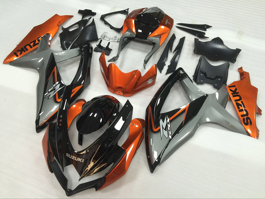 2008 2009 2010 Suzuki GSXR600, GSXR750 black, grey and orange fairing kit.