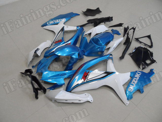 Motorcycle fairings for 2008 2009 2010 Suzuki GSX R 600/750 blue and white scheme.